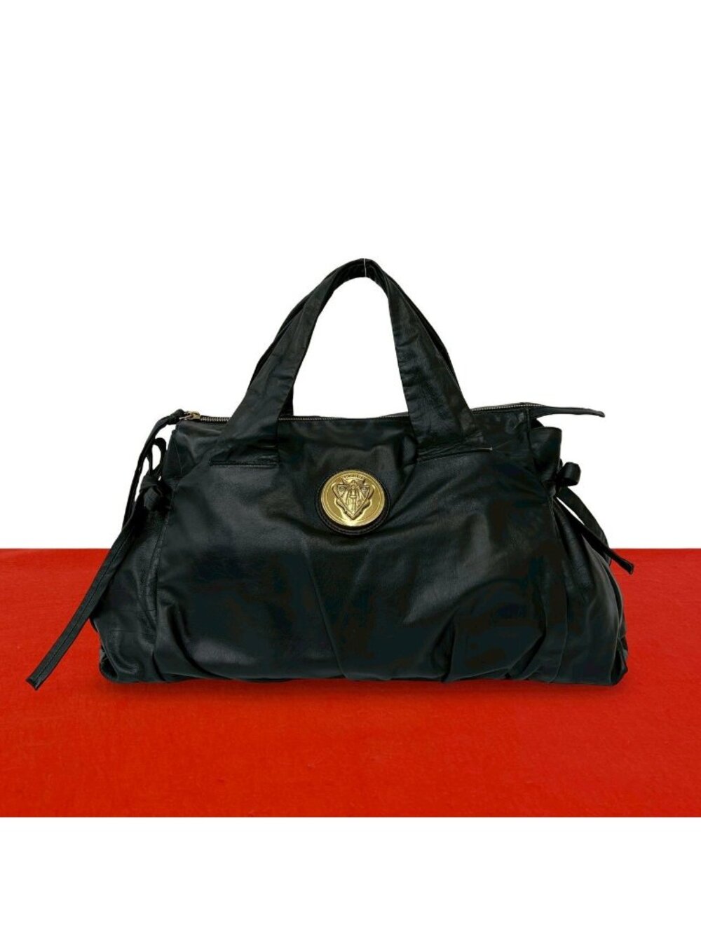 Gucci Hysteria Logo Ribbon Motif Leather Mini Boston Bag Black